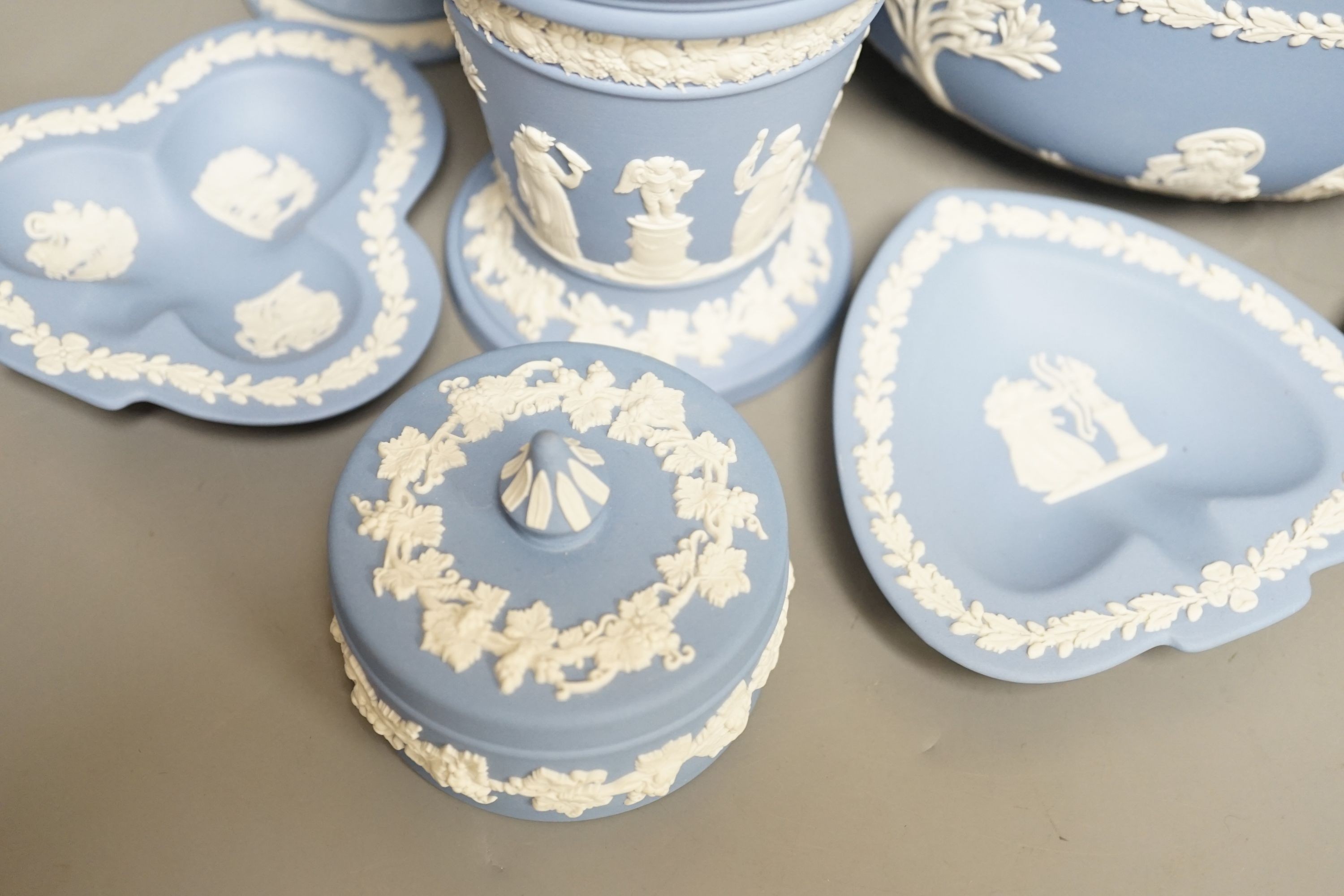 Eight items of Wedgwood Blue Jasperware, tallest 20cm.